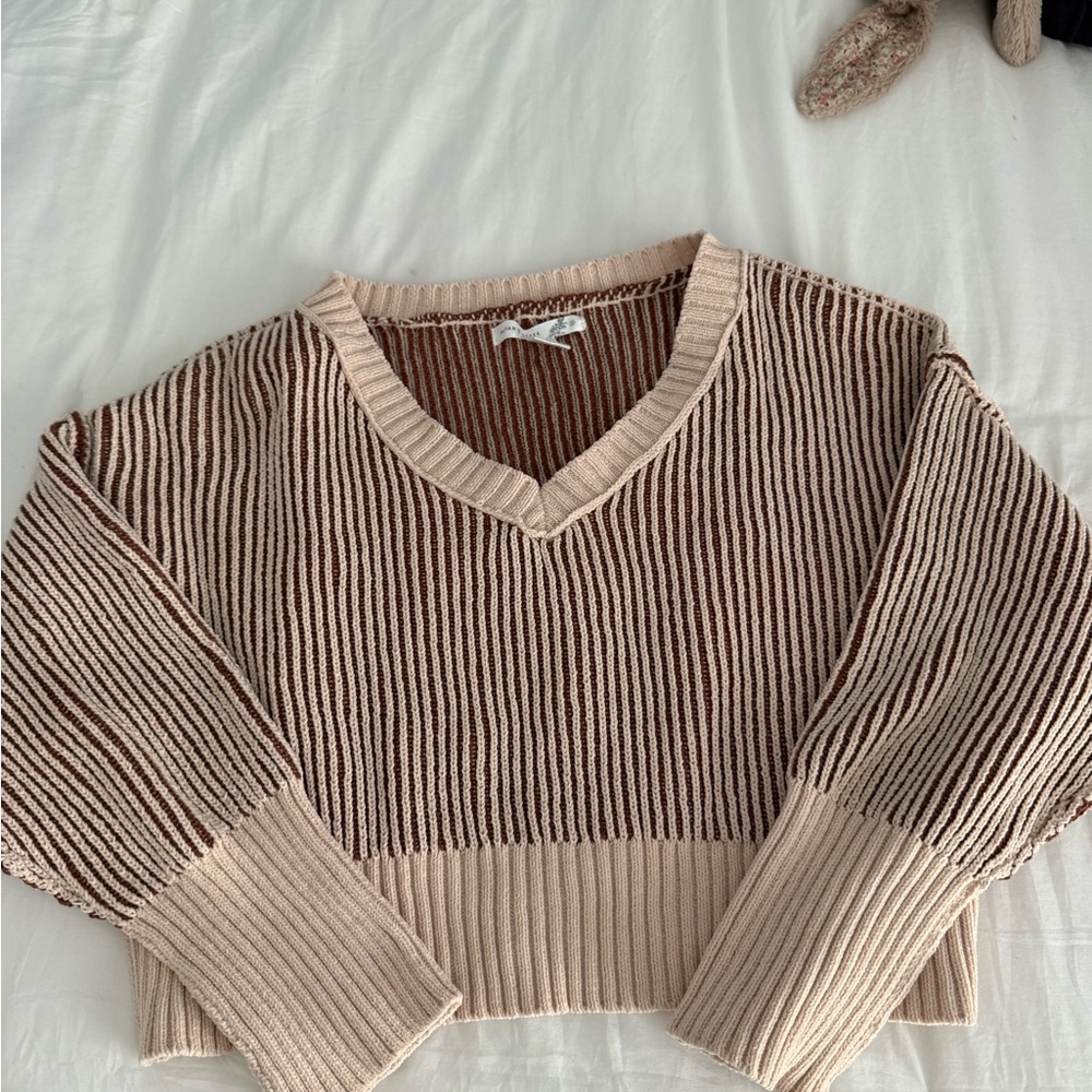 Altar'd State V-Neck Sweater - Brown and Cream